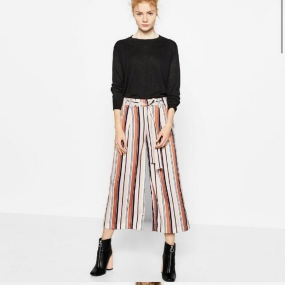 Zara Trafaluc Striped wide leg paper bag pants